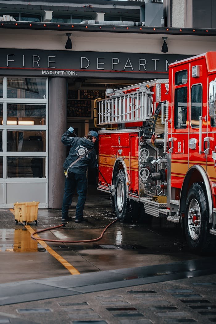 Firefighter washing a red fire truck outside Seattle fire station.